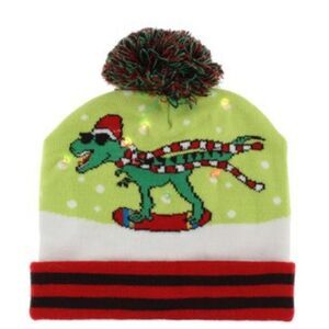 Christmas Beanie Hat Santa T-Rex Dinosaur Snowboard Flashing Light Up 7-14 New